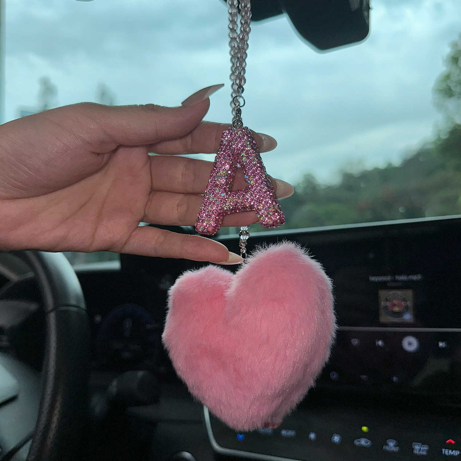 Pink Bling Initial “A” Car Mirror Charm with Faux Fur Heart – Sparkly Rhinestone Letter Hanging Accessory for Women | Cute Girly Car Decor Gift Moodsweave
