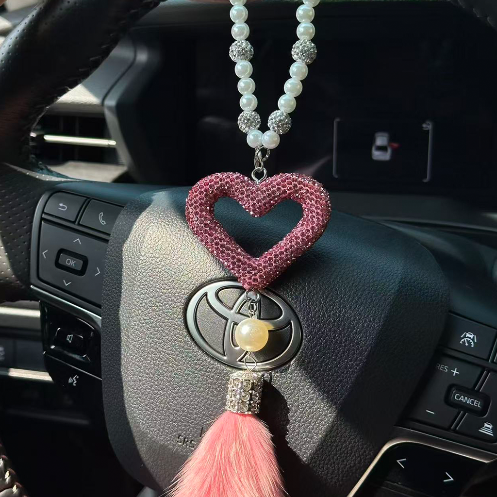 Cute Custom Car Mirror Charm – White Pearl & Pink Heart Rhinestone Rearview Mirror Hanging Ornament with Soft Pink Faux Fur | Aesthetic Car Accessories