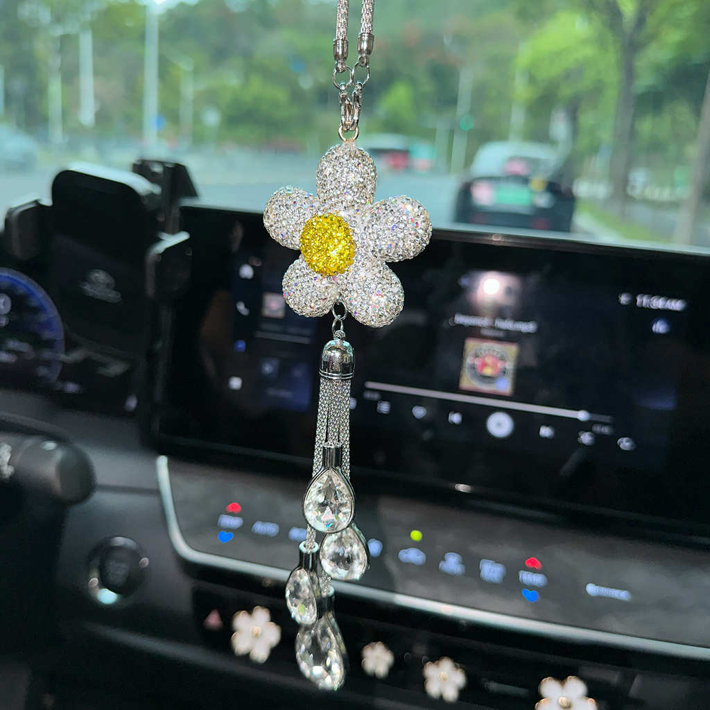 Sparkly Sunflower Rhinestone Car Mirror Charm with Crystal Teardrops – Bling Rearview Mirror Hanging Decor for Women | Cute Aesthetic Car Accessory Gift Moodsweave