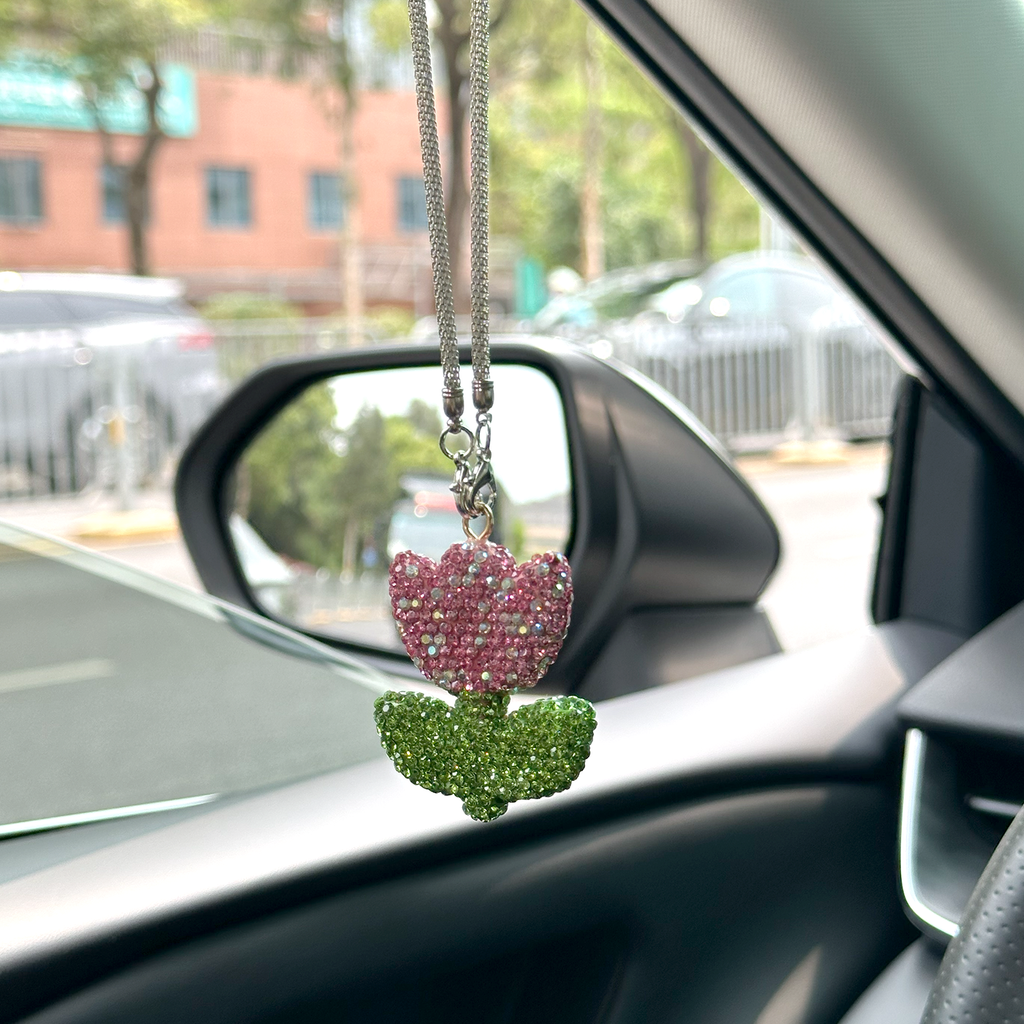 Sparkly Tulip Rhinestone Car Mirror Charm – Cute Bling Flower Rearview Mirror Hanging Decor for Women | Car Accessory Gift (3 Colors) Moodsweave
