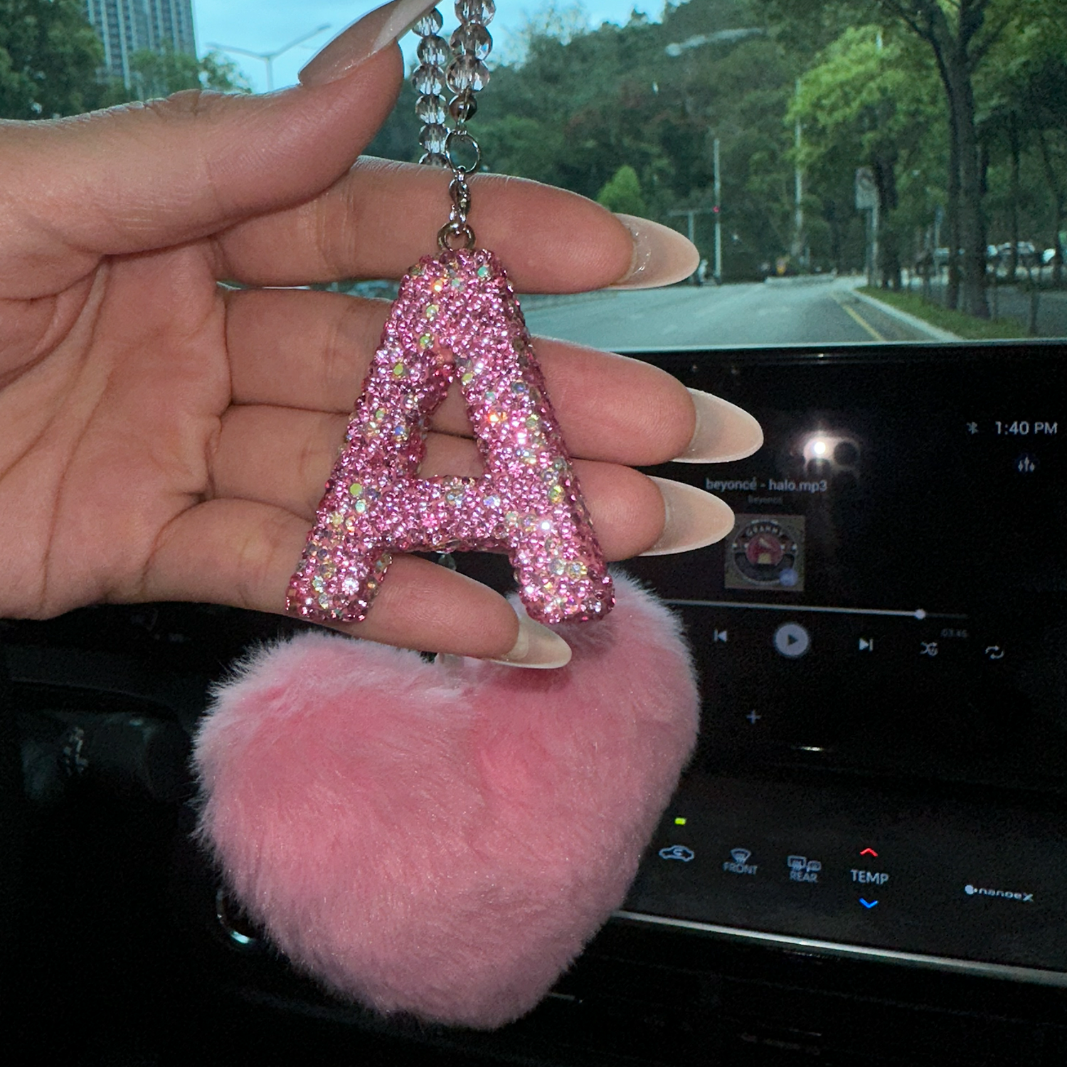 Pink Bling Initial “A” Car Mirror Charm with Faux Fur Heart – Sparkly Rhinestone Letter Hanging Accessory for Women | Cute Girly Car Decor Gift Moodsweave