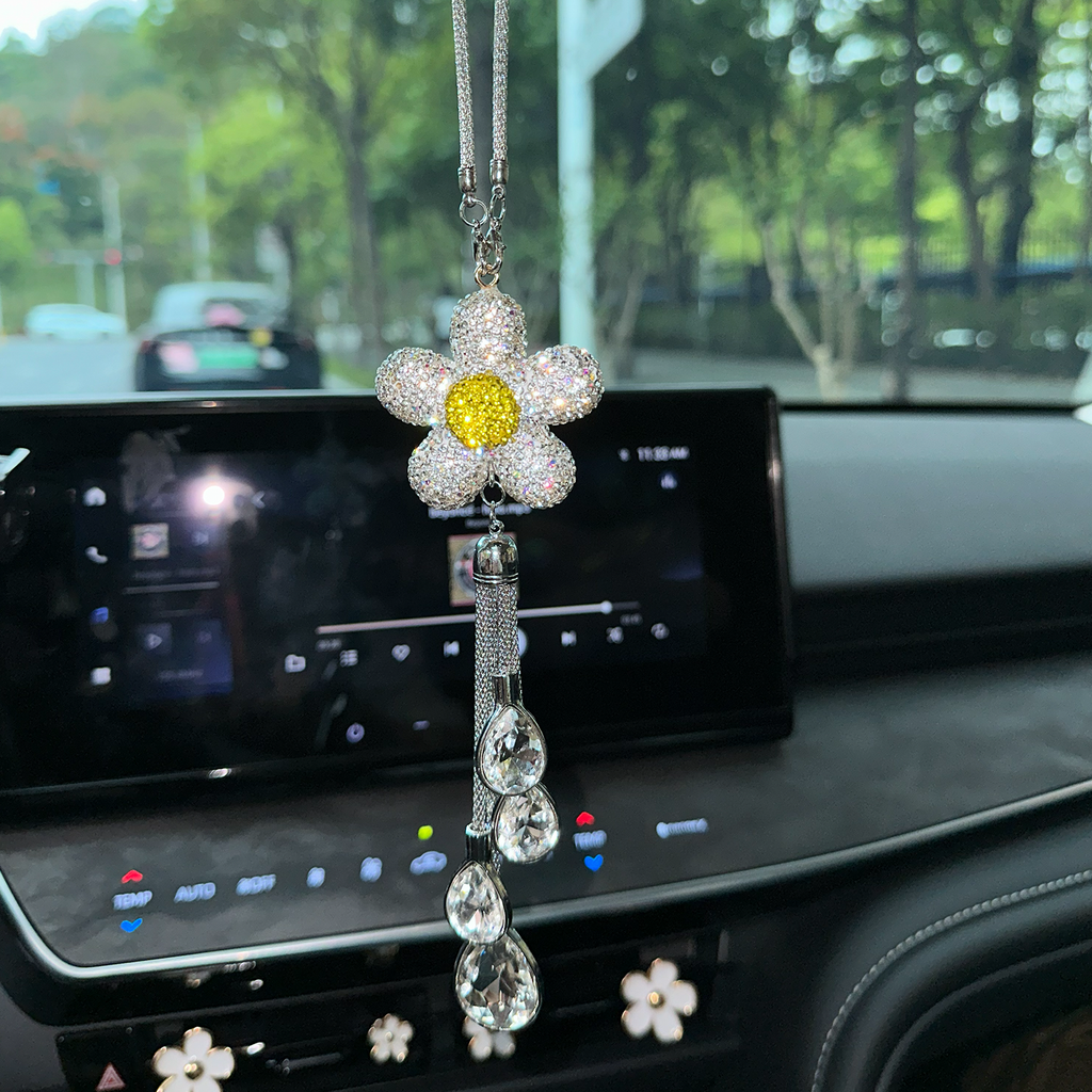 Sparkly Sunflower Rhinestone Car Mirror Charm with Crystal Teardrops – Bling Rearview Mirror Hanging Decor for Women | Cute Aesthetic Car Accessory Gift Moodsweave