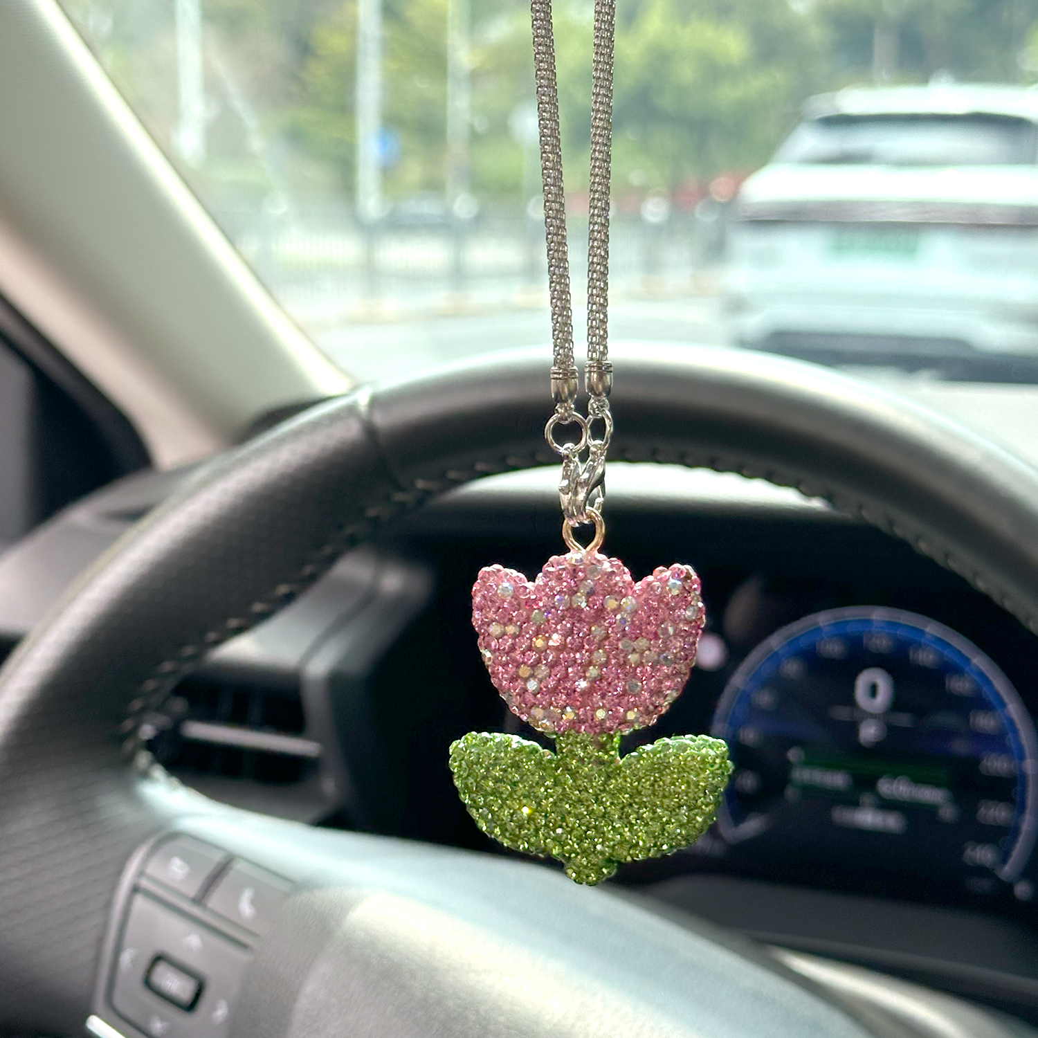 Sparkly Tulip Rhinestone Car Mirror Charm – Cute Bling Flower Rearview Mirror Hanging Decor for Women | Car Accessory Gift (3 Colors) Moodsweave