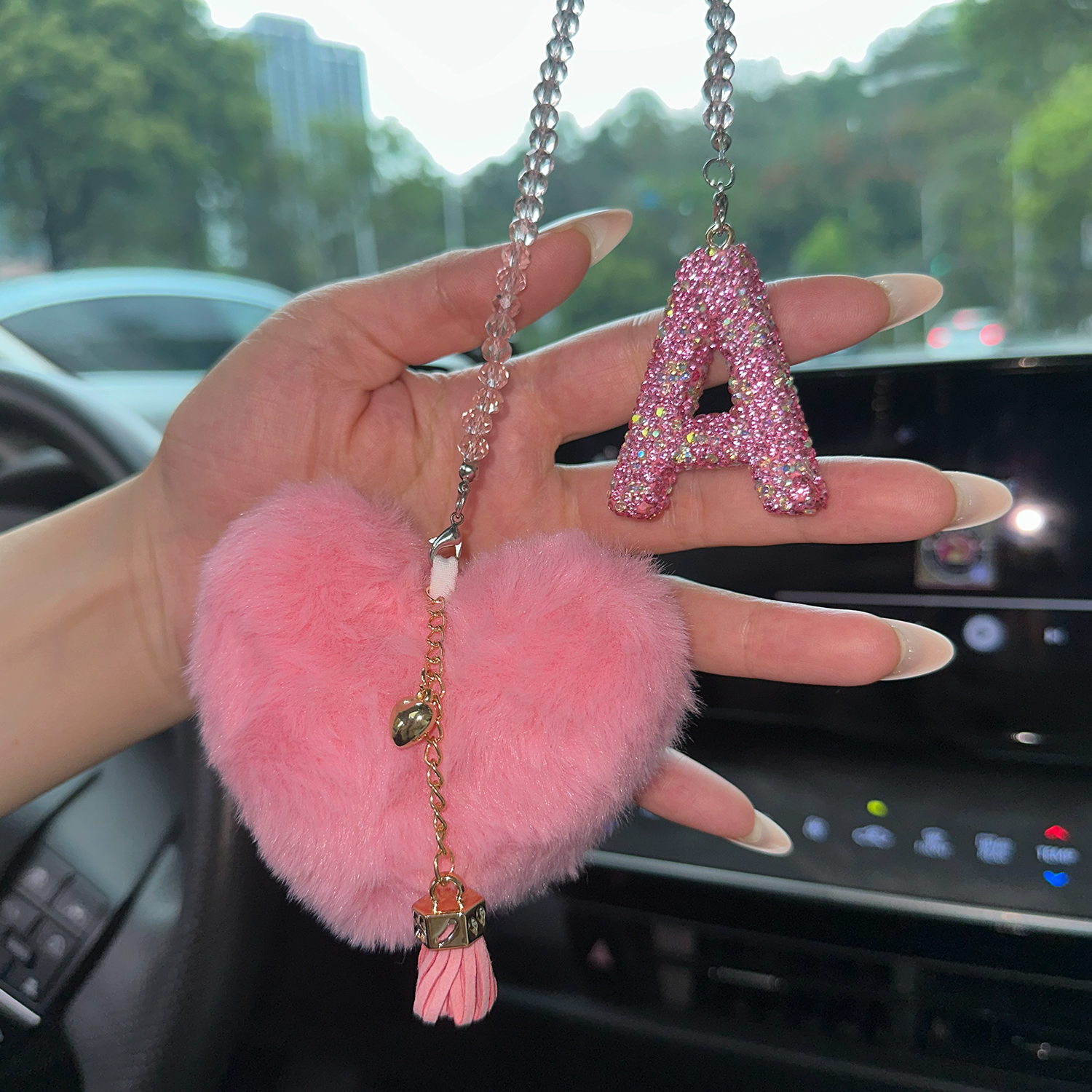 Pink Bling Initial “A” Car Mirror Charm with Faux Fur Heart – Sparkly Rhinestone Letter Hanging Accessory for Women | Cute Girly Car Decor Gift Moodsweave
