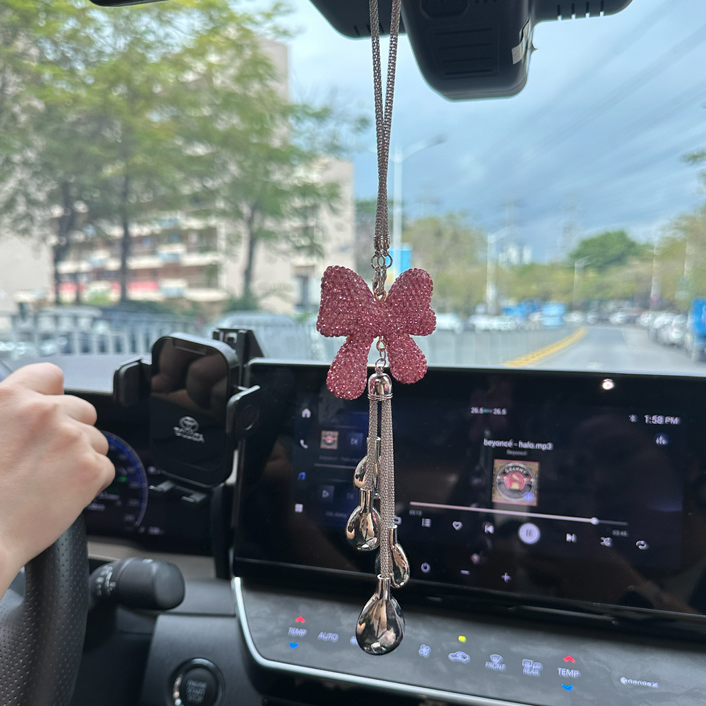 Bling Pink Rhinestone Bow Car Mirror Charm with Crystal Glass Teardrops – Luxury Rearview Mirror Hanging Accessory for Women Moodsweave