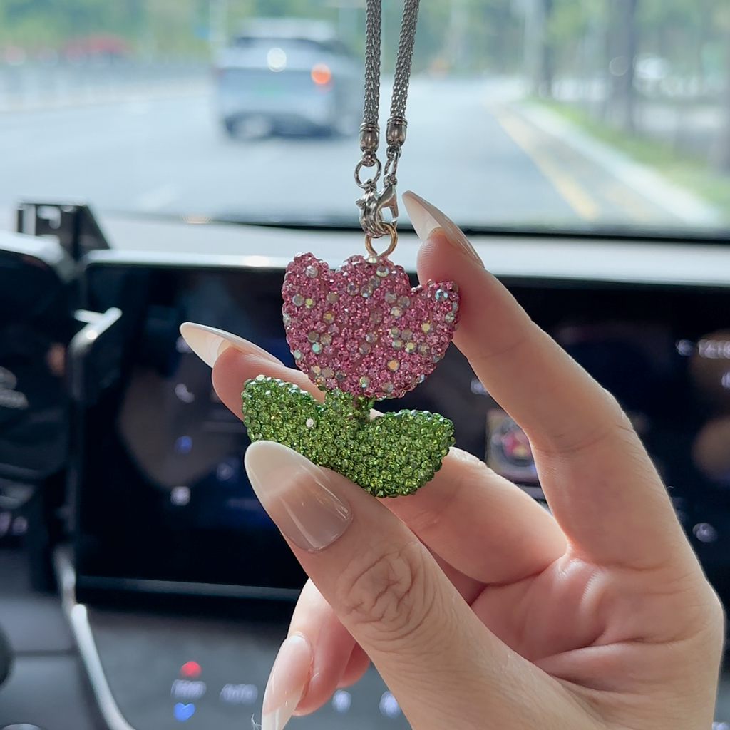Sparkly Tulip Rhinestone Car Mirror Charm – Cute Bling Flower Rearview Mirror Hanging Decor for Women | Car Accessory Gift (3 Colors) Moodsweave