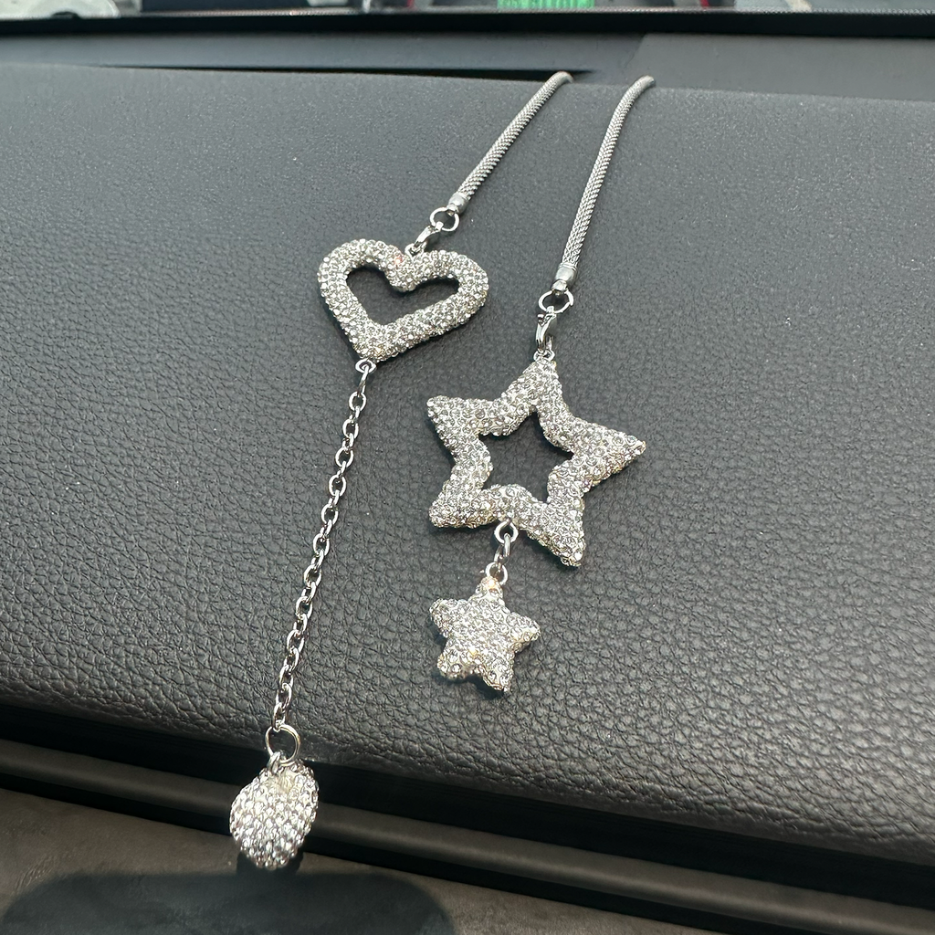 Luxury Rhinestone Heart & Star Car Mirror Charm – Elegant Bling Rearview Mirror Hanging Accessory for Women | Sparkly Car Interior Decor Gift Moodsweave