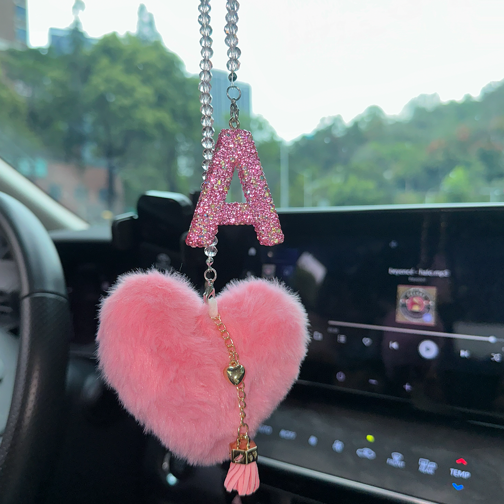 Pink Bling Initial “A” Car Mirror Charm with Faux Fur Heart – Sparkly Rhinestone Letter Hanging Accessory for Women | Cute Girly Car Decor Gift Moodsweave