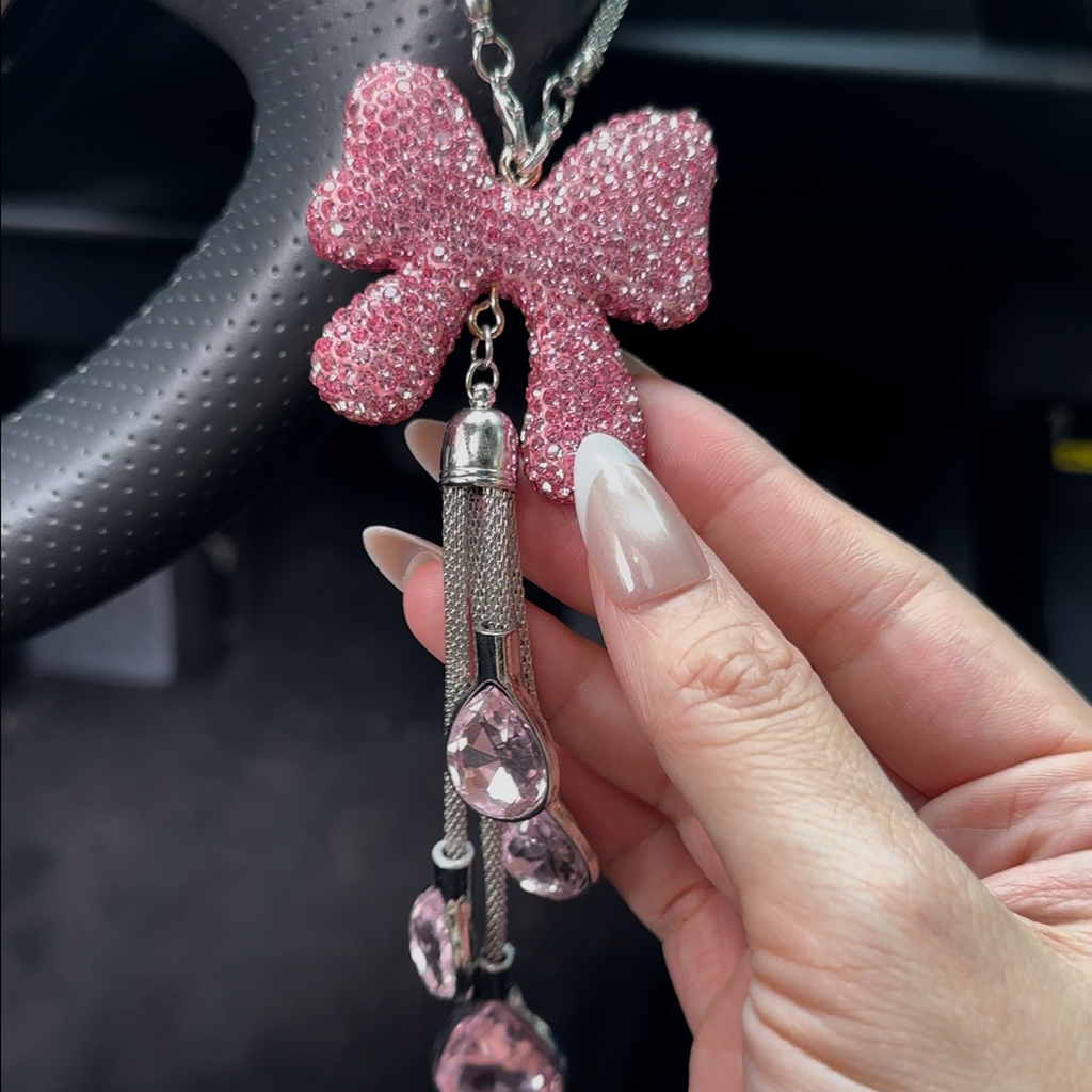 Bling Pink Rhinestone Bow Car Mirror Charm with Crystal Glass Teardrops – Luxury Rearview Mirror Hanging Accessory for Women Moodsweave