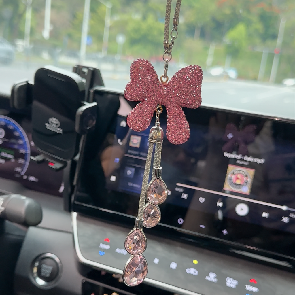 Bling Pink Rhinestone Bow Car Mirror Charm with Crystal Glass Teardrops – Luxury Rearview Mirror Hanging Accessory for Women Moodsweave