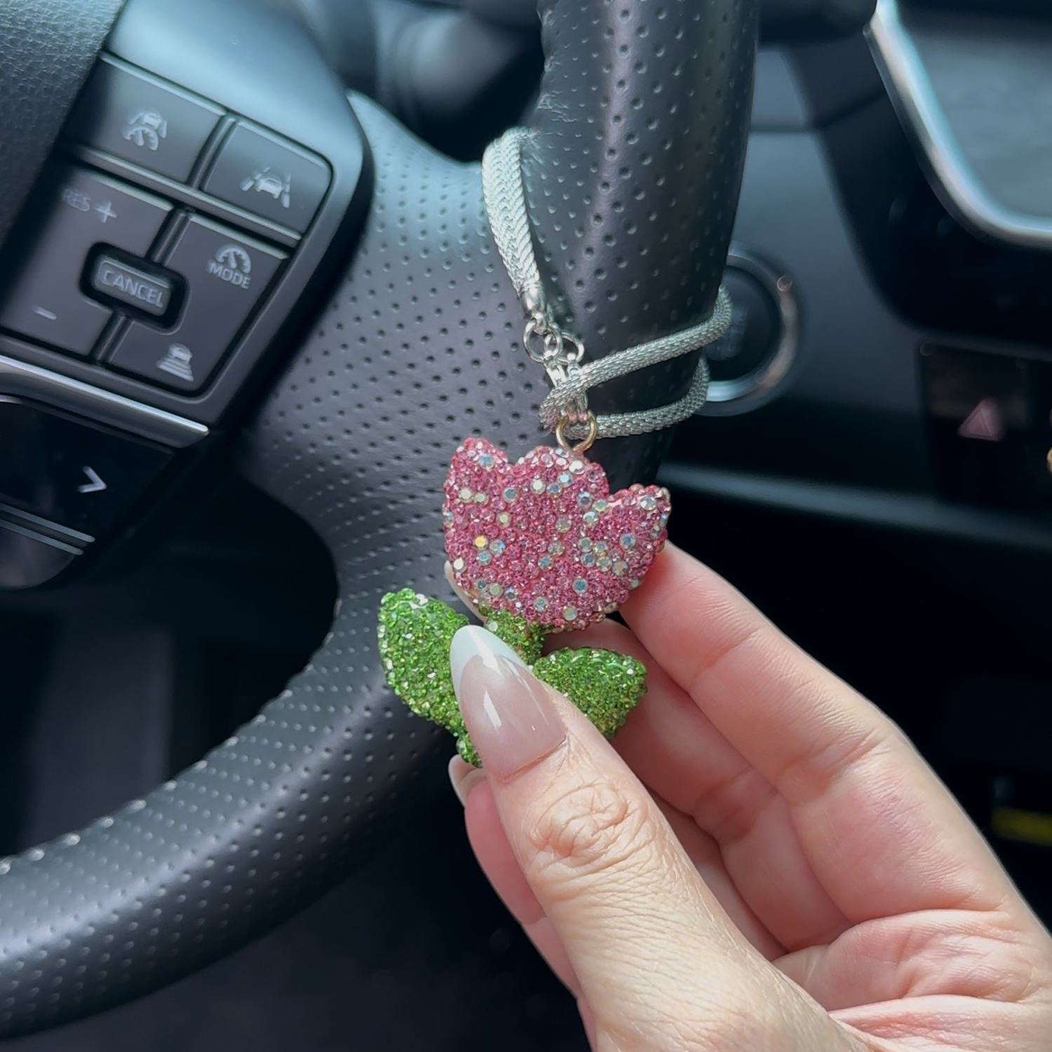 Sparkly Tulip Rhinestone Car Mirror Charm – Cute Bling Flower Rearview Mirror Hanging Decor for Women | Car Accessory Gift (3 Colors) Moodsweave