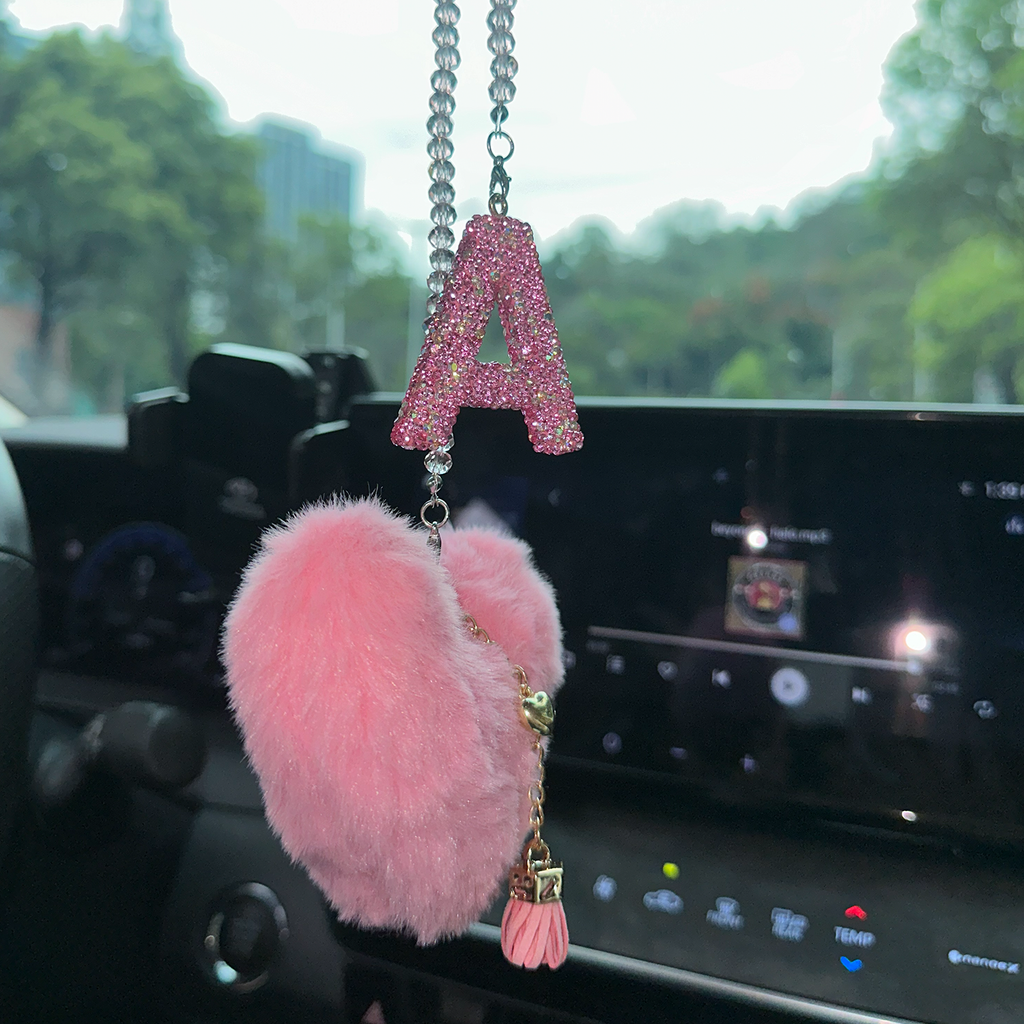 Pink Bling Initial “A” Car Mirror Charm with Faux Fur Heart – Sparkly Rhinestone Letter Hanging Accessory for Women | Cute Girly Car Decor Gift Moodsweave