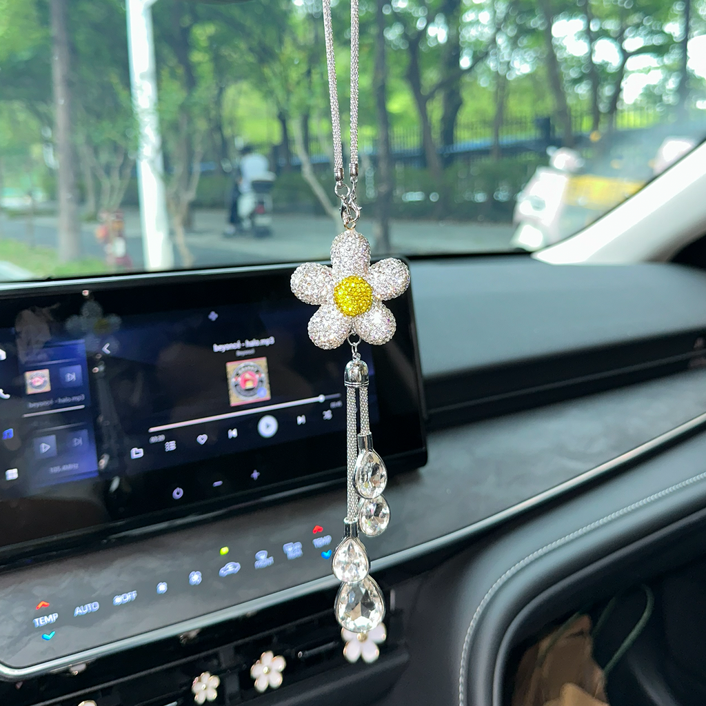 Sparkly Sunflower Rhinestone Car Mirror Charm with Crystal Teardrops – Bling Rearview Mirror Hanging Decor for Women | Cute Aesthetic Car Accessory Gift Moodsweave