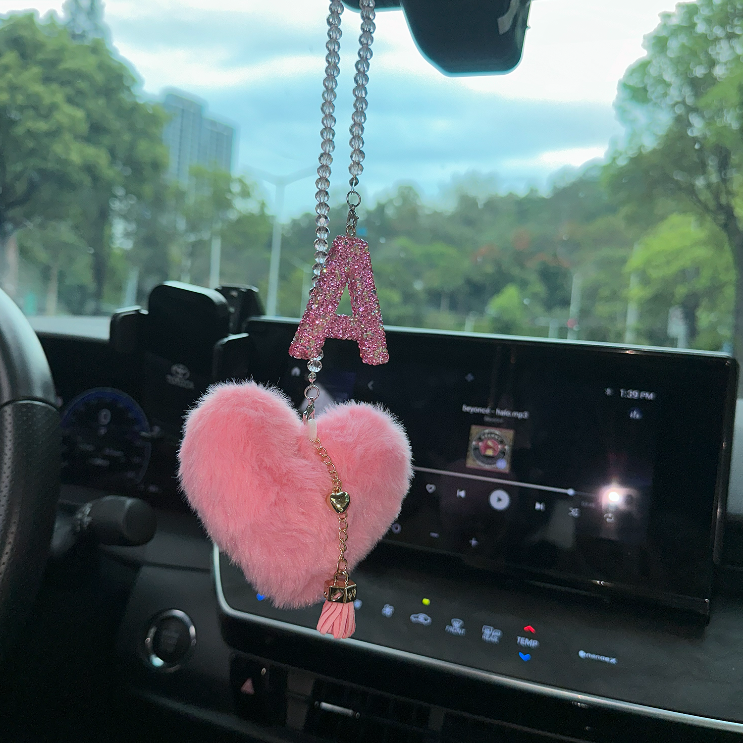 Pink Bling Initial “A” Car Mirror Charm with Faux Fur Heart – Sparkly Rhinestone Letter Hanging Accessory for Women | Cute Girly Car Decor Gift Moodsweave