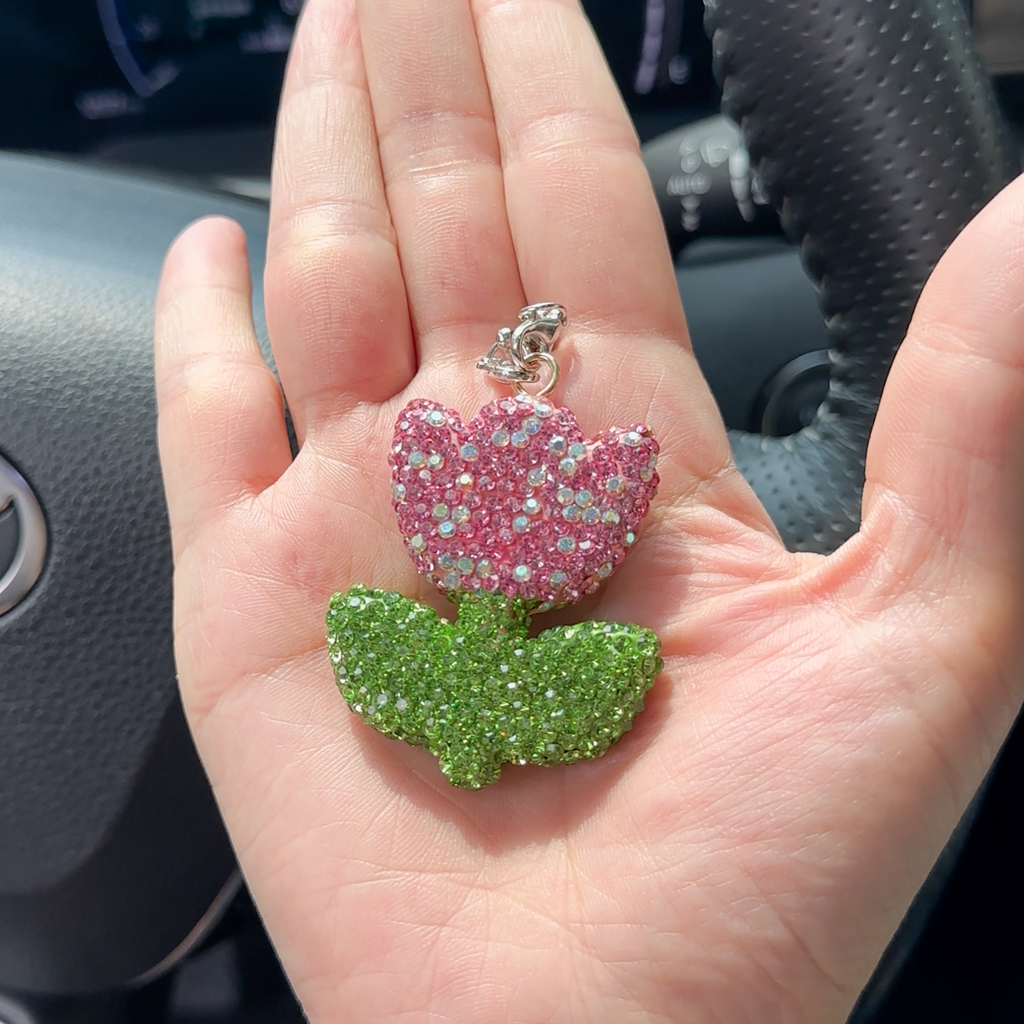 Sparkly Tulip Rhinestone Car Mirror Charm – Cute Bling Flower Rearview Mirror Hanging Decor for Women | Car Accessory Gift (3 Colors) Moodsweave