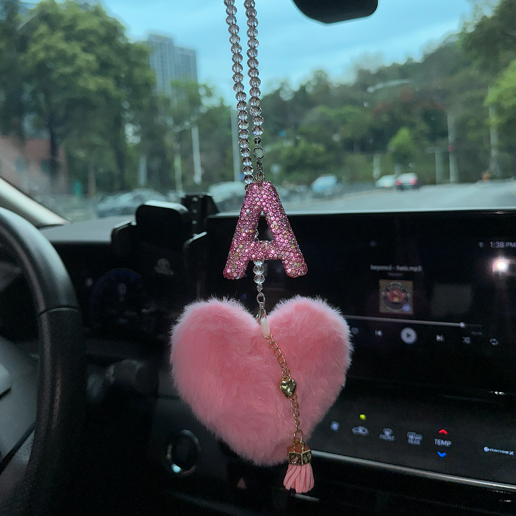 Pink Bling Initial “A” Car Mirror Charm with Faux Fur Heart – Sparkly Rhinestone Letter Hanging Accessory for Women | Cute Girly Car Decor Gift Moodsweave