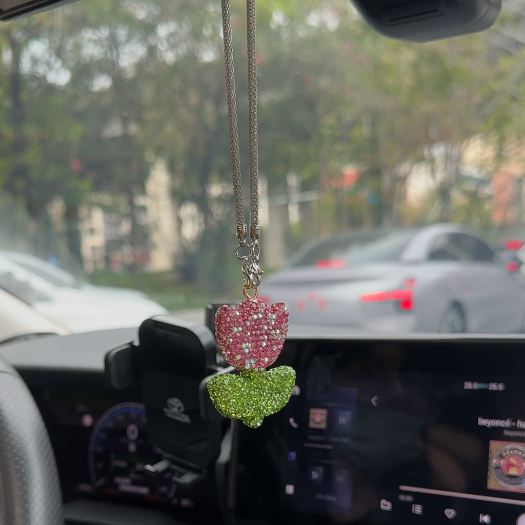 Sparkly Tulip Rhinestone Car Mirror Charm – Cute Bling Flower Rearview Mirror Hanging Decor for Women | Car Accessory Gift (3 Colors) Moodsweave