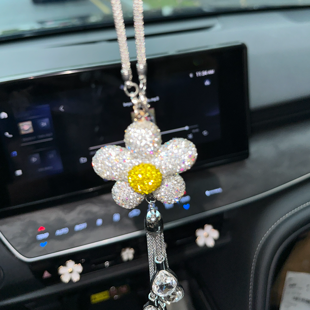 Sparkly Sunflower Rhinestone Car Mirror Charm with Crystal Teardrops – Bling Rearview Mirror Hanging Decor for Women | Cute Aesthetic Car Accessory Gift Moodsweave
