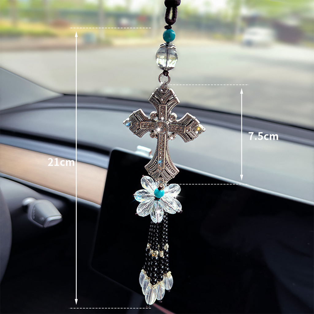 Custom Rhinestone Cross Rearview Mirror Charm – Christian Cross Car Hanging Ornament | Faith-Inspired Car Accessories