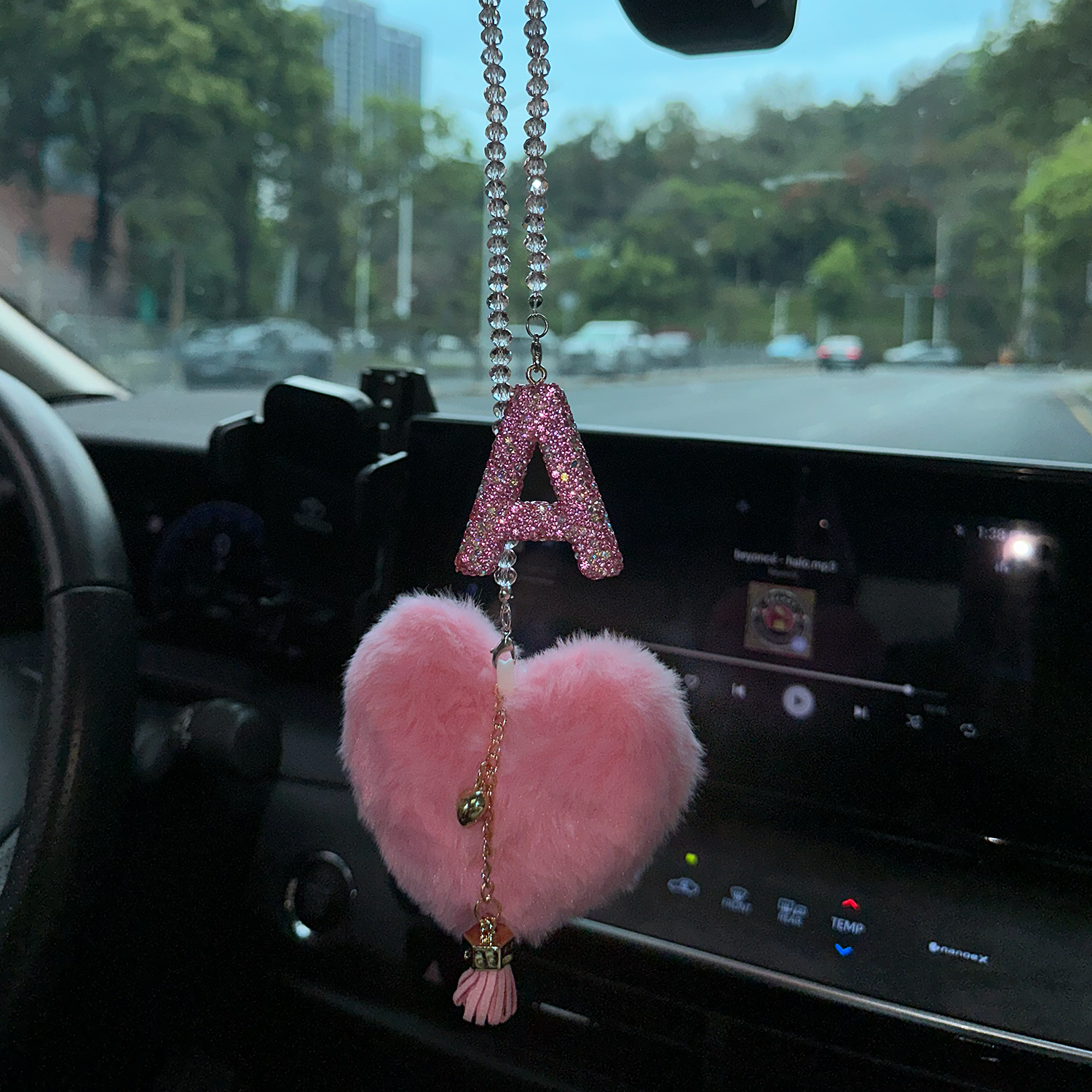 Pink Bling Initial “A” Car Mirror Charm with Faux Fur Heart – Sparkly Rhinestone Letter Hanging Accessory for Women | Cute Girly Car Decor Gift Moodsweave