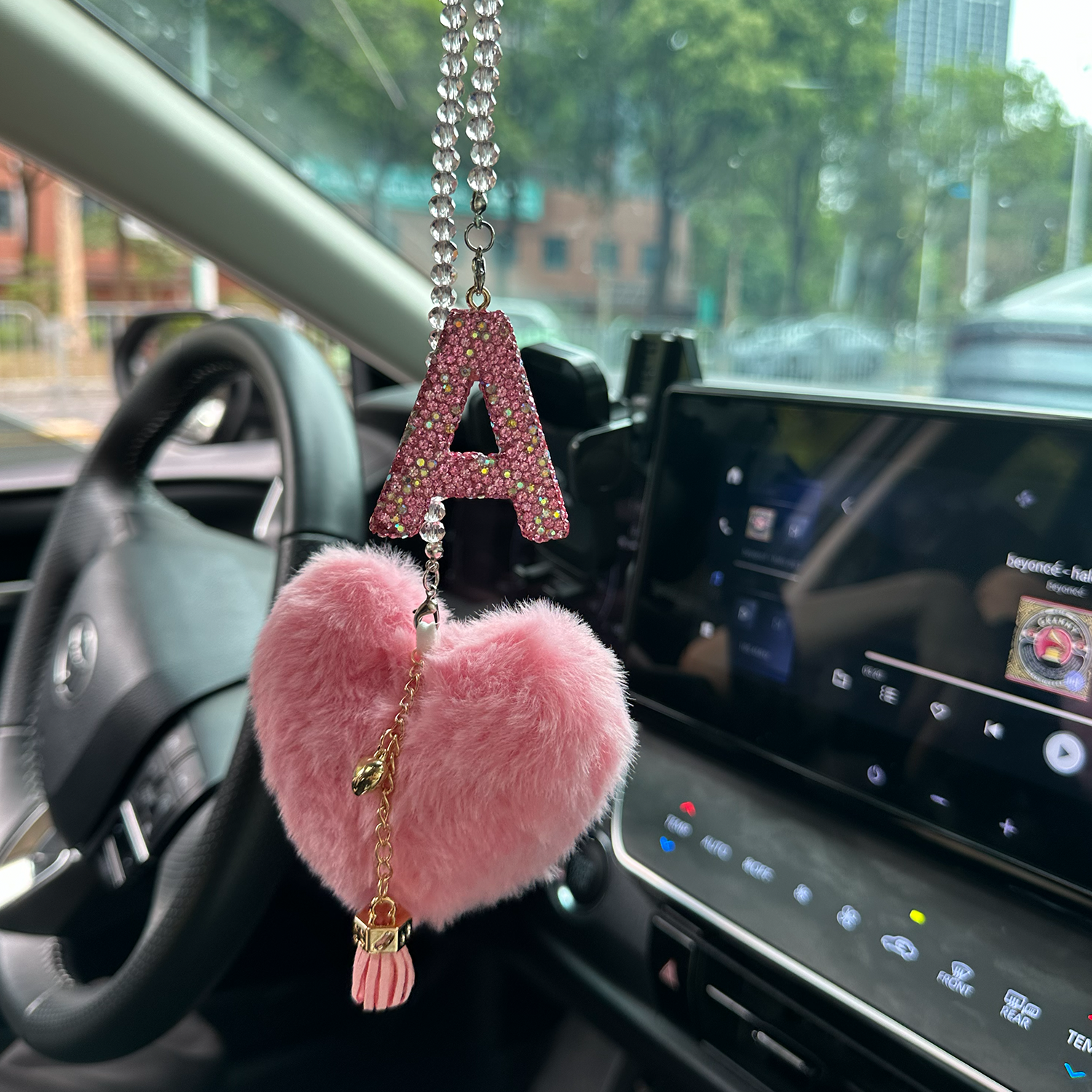 Pink Bling Initial “A” Car Mirror Charm with Faux Fur Heart – Sparkly Rhinestone Letter Hanging Accessory for Women | Cute Girly Car Decor Gift Moodsweave