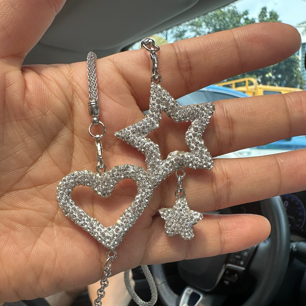 Luxury Rhinestone Heart & Star Car Mirror Charm – Elegant Bling Rearview Mirror Hanging Accessory for Women | Sparkly Car Interior Decor Gift Moodsweave