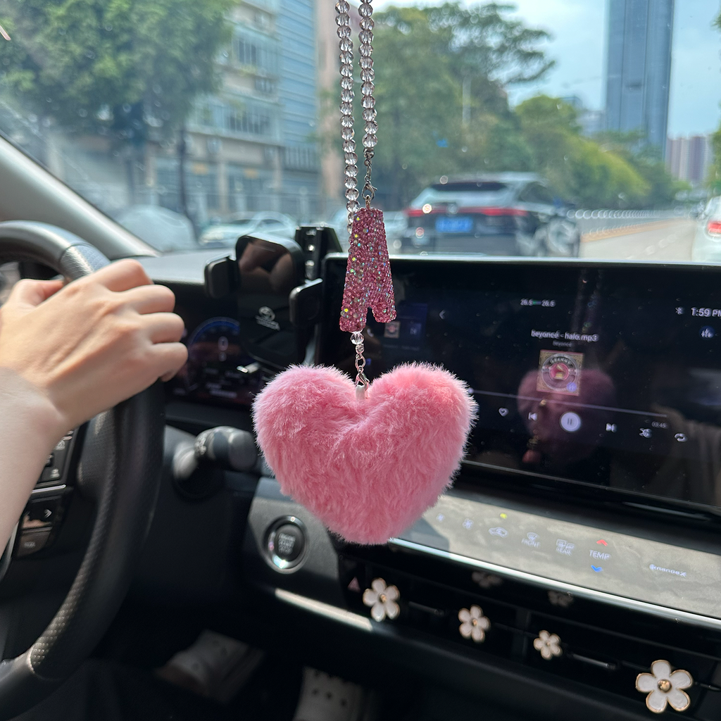 Pink Bling Initial “A” Car Mirror Charm with Faux Fur Heart – Sparkly Rhinestone Letter Hanging Accessory for Women | Cute Girly Car Decor Gift Moodsweave