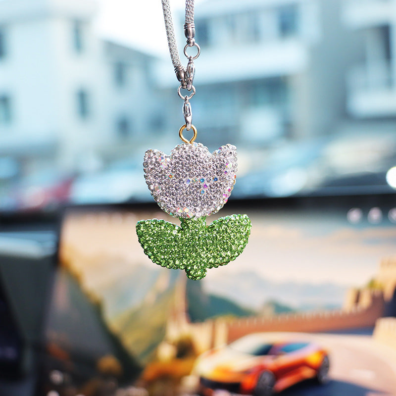 Sparkly Tulip Rhinestone Car Mirror Charm – Cute Bling Flower Rearview Mirror Hanging Decor for Women | Car Accessory Gift (3 Colors) Moodsweave