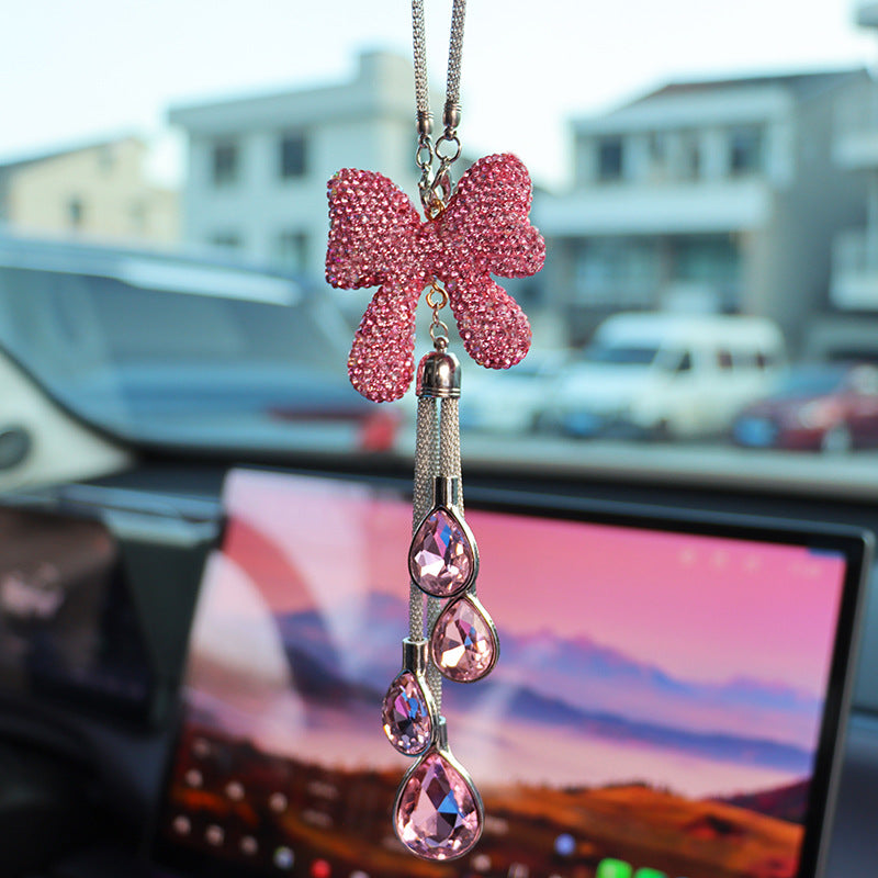 Bling Pink Rhinestone Bow Car Mirror Charm with Crystal Glass Teardrops – Luxury Rearview Mirror Hanging Accessory for Women Moodsweave