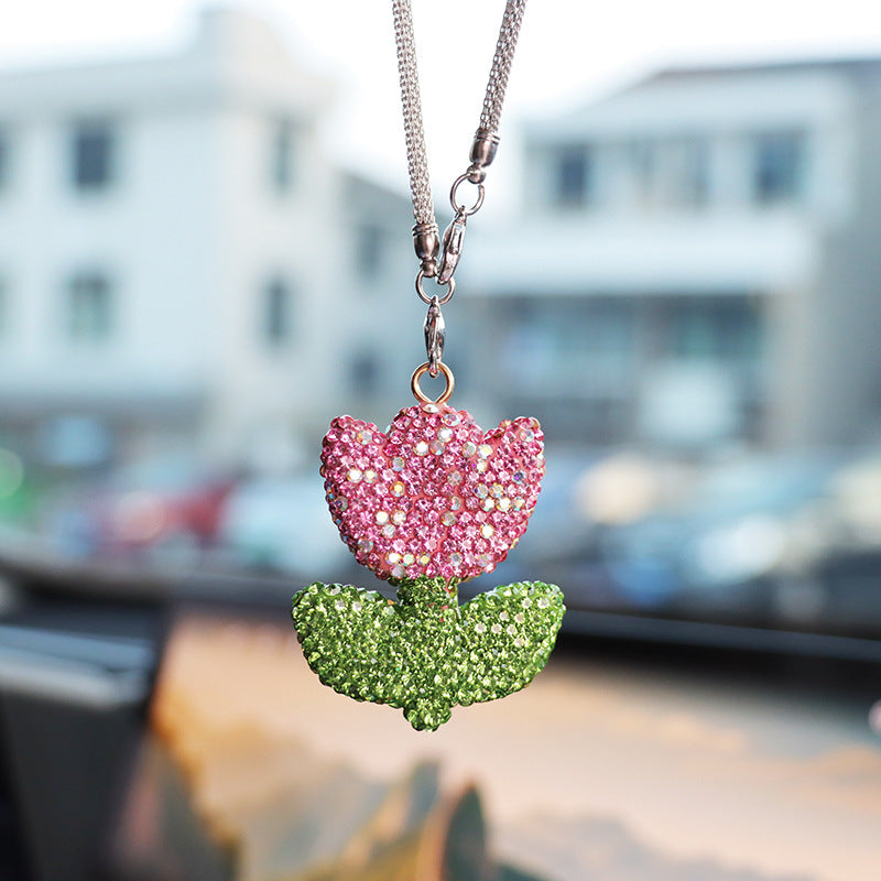Sparkly Tulip Rhinestone Car Mirror Charm – Cute Bling Flower Rearview Mirror Hanging Decor for Women | Car Accessory Gift (3 Colors) Moodsweave