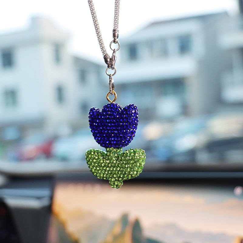 Sparkly Tulip Rhinestone Car Mirror Charm – Cute Bling Flower Rearview Mirror Hanging Decor for Women | Car Accessory Gift (3 Colors) Moodsweave