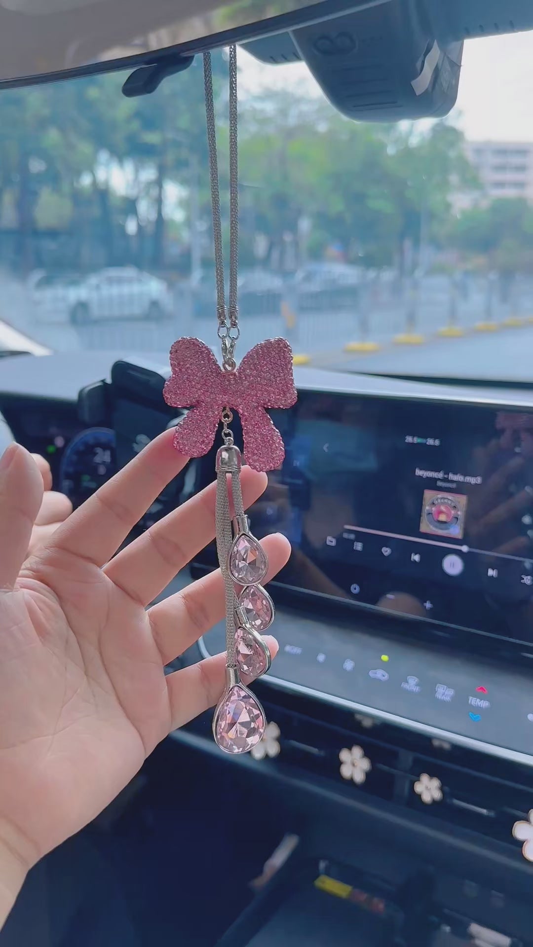 Bling Pink Rhinestone Bow Car Mirror Charm with Crystal Glass Teardrops – Luxury Rearview Mirror Hanging Accessory for Women Moodsweave