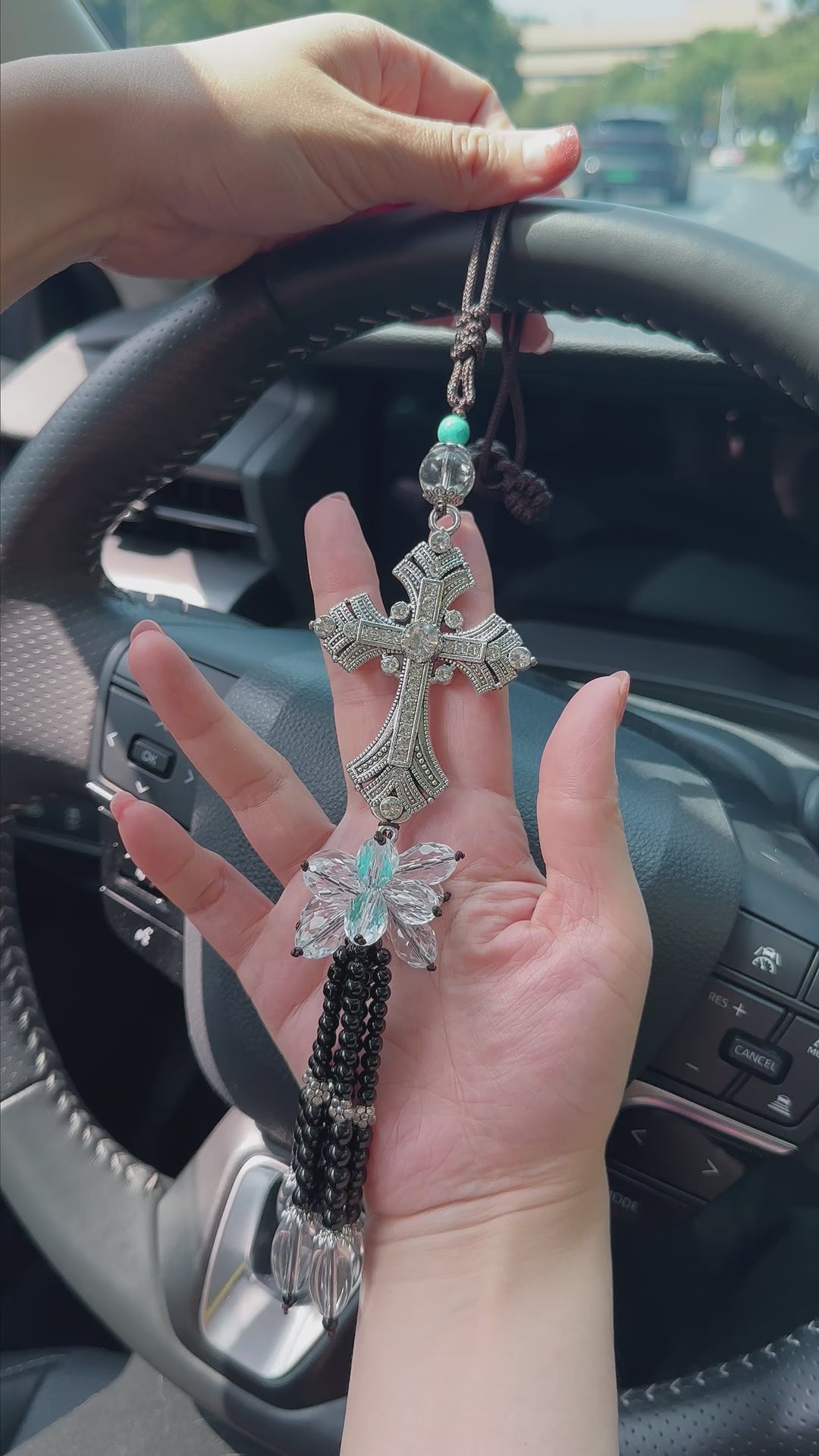 Custom Rhinestone Cross Rearview Mirror Charm – Christian Cross Car Hanging Ornament | Faith-Inspired Car Accessories