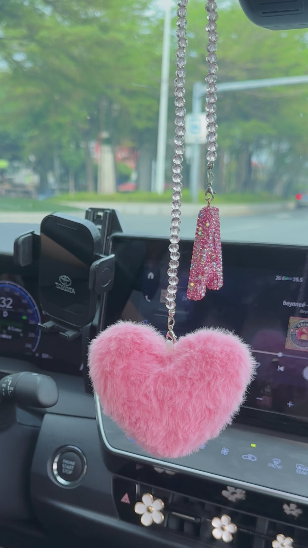 Pink Bling Initial “A” Car Mirror Charm with Faux Fur Heart – Sparkly Rhinestone Letter Hanging Accessory for Women | Cute Girly Car Decor Gift Moodsweave